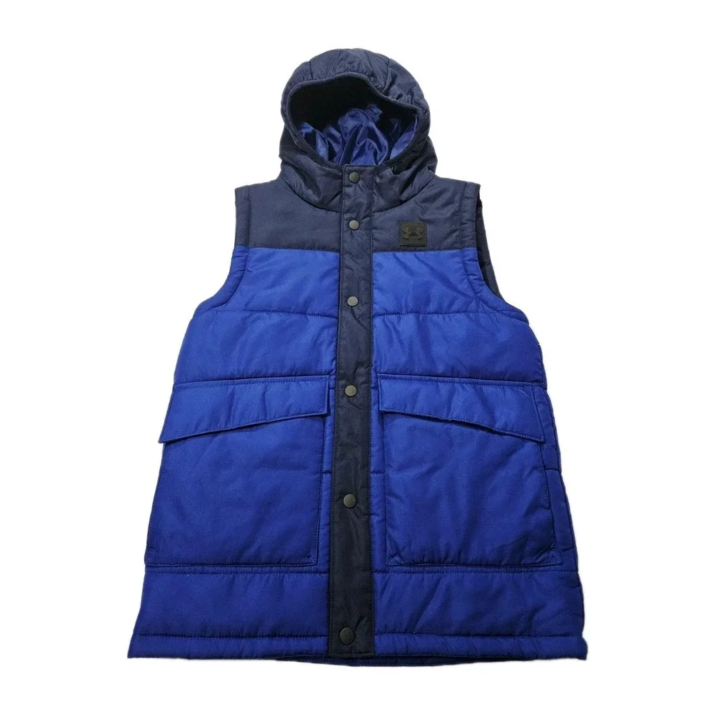 NWT Under Armour Puffer Vest Blue Boys Size YMD Hooded Winter Cozy Zip‎